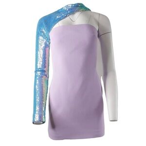 Chic Lavender One-Shoulder Dress with Sequin Sleeve